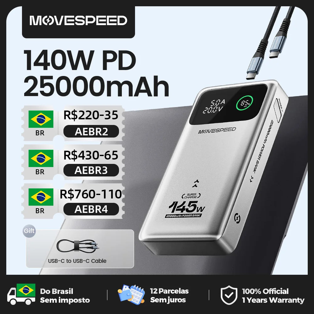 Power Bank 25000mAh 140W Carregamento Rápido Portátil para Laptop
