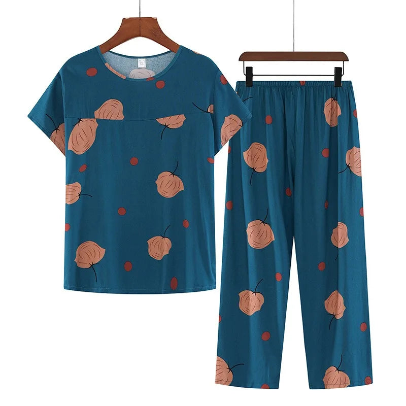 Roupa de Dormir Feminina Pode Ser Respirável e Antibacteriana Pijama de Algodão Fino Feminino Conjunto de Manga Curta Tamanho Grande