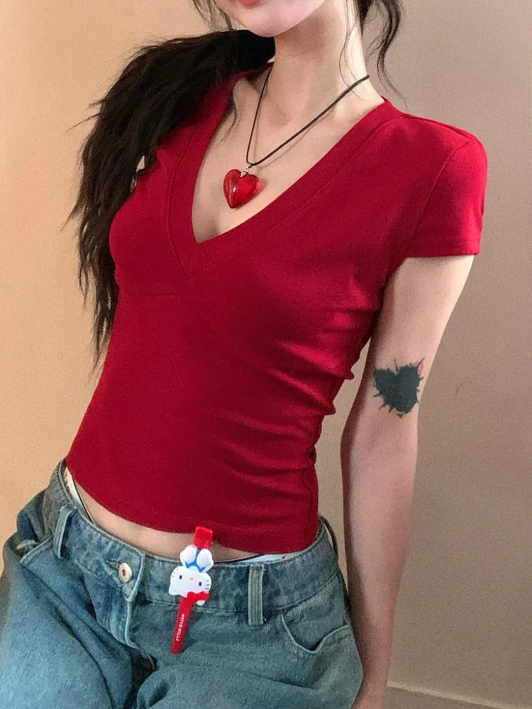 Blusa feminina casual com decote em V, manga curta, camiseta preta de verão justa e sexy, blusa básica sólida, moderna, streetwear - cinza XL