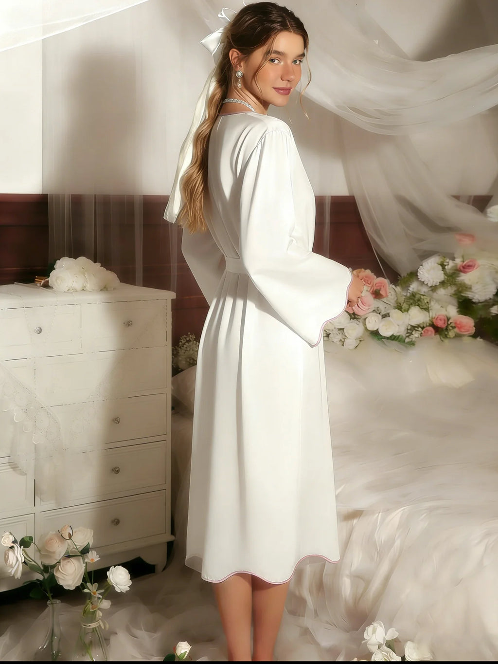 Camisola elegante feminina, roupa de dormir para todas as estações, design longo com bainha ondulada e cinto, roupa de dormir macia e suave para a pele, de peça única