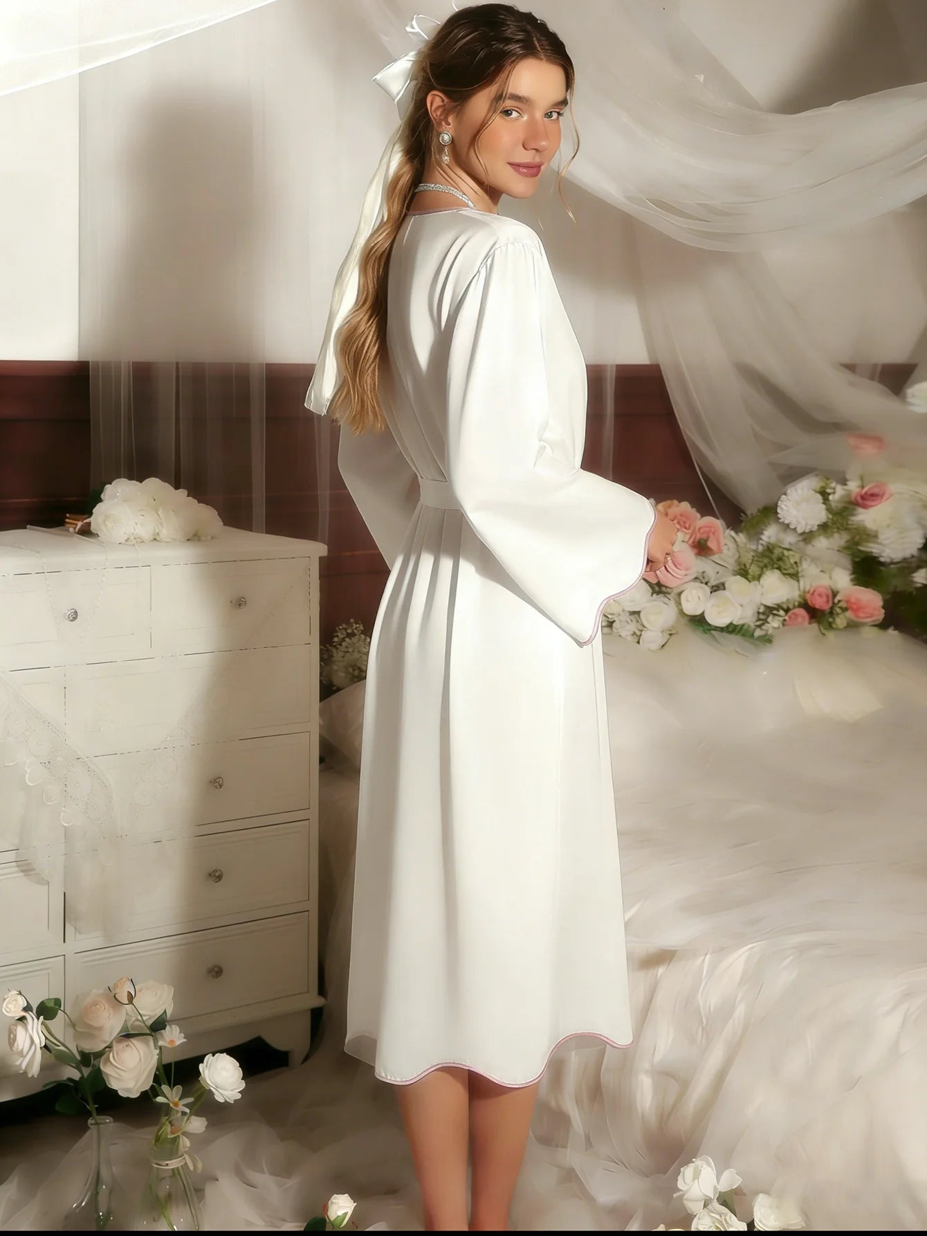 Women's elegant nightgown, all-season loungewear, long design with wavy hem and belt, soft and skin-friendly one-piece loungewea