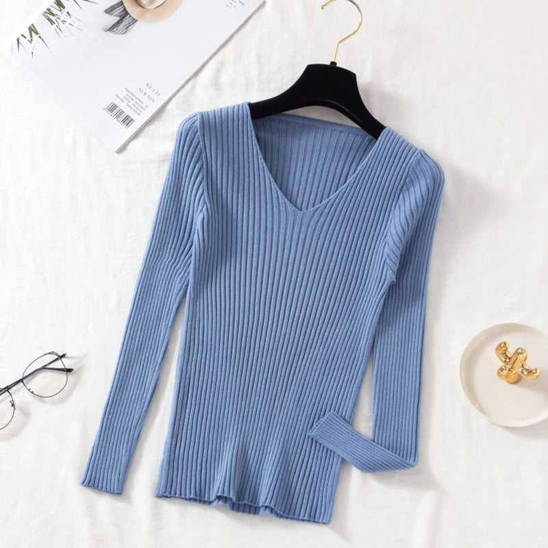 Outono Inverno Mulheres Suéteres Casuais Manga Longa Tricô Gola V Pulôver Suéter Feminino Básico Sólido Jersey Tops Roupas da Moda
