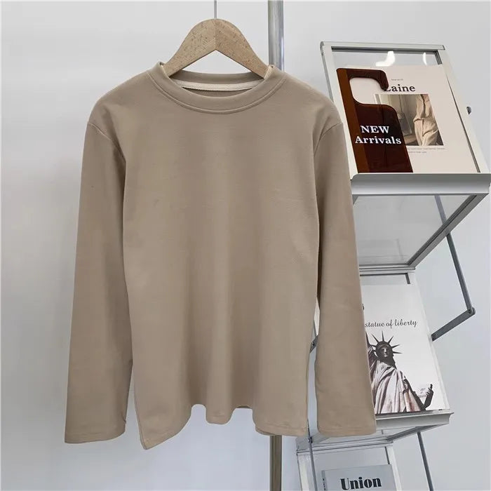 Camiseta Gola Redonda Feminina Outono Inverno 2026 Novo Estilo Cor Pura Ajuste Slim Interior Em Fleece Grosso Manga Longa - S 501 temperamento cinza escuro