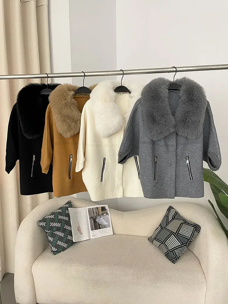 OFTBUY New Autumn and Winter Women Cardigan Short Knitted Sweater Solid Color with Faux Fur Collar Three Quarter Sleeves Coat
