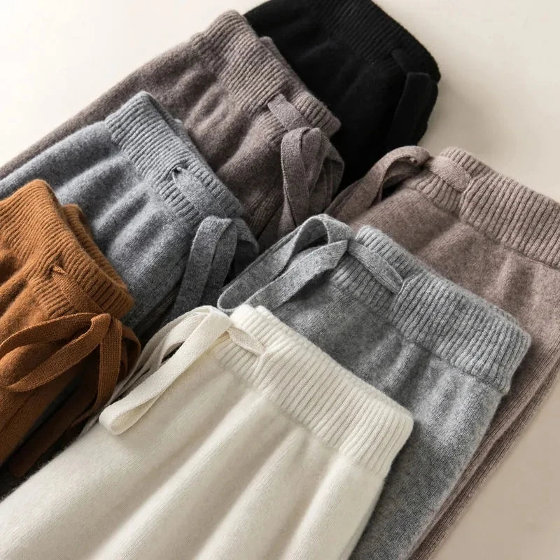 Calça Feminina de Malha Grossa Quente Casual Chique Básica Macia Elástica Cintura Alta Moda Coreana Calça Reta na Altura do Tornozelo Para Mulheres