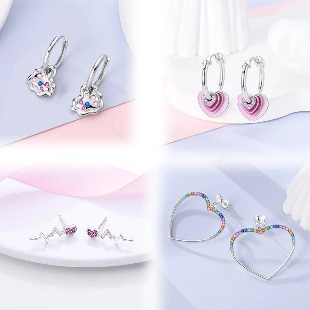 Brincos de Argola Coração Amor Brilhante Zircônia 925 Prata Esterlina Original para Mulheres Aniversário de Casamento Joia de Presente