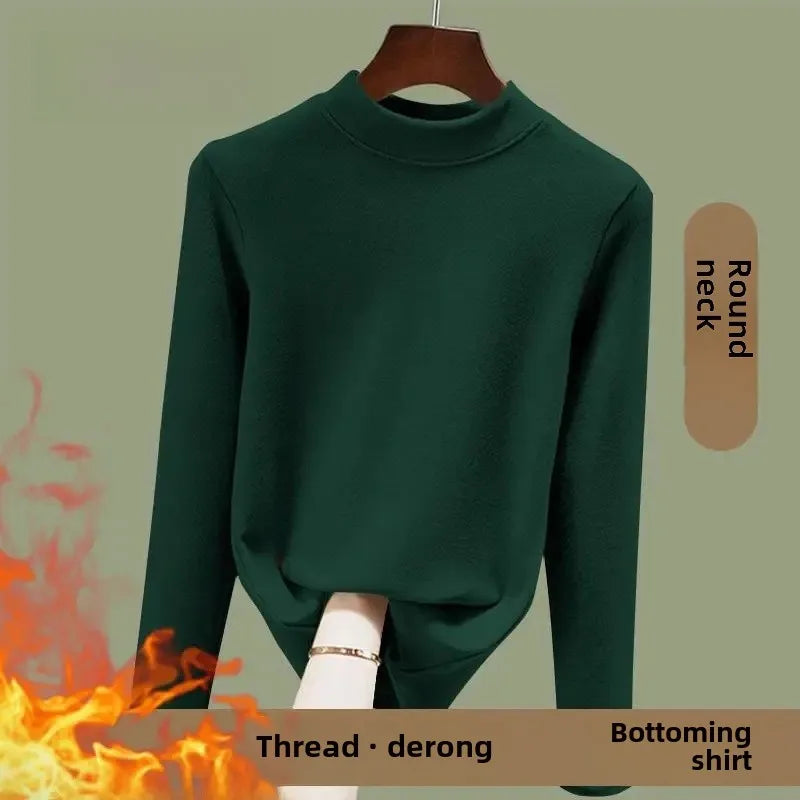 Warm Long Sleeve Crew Neck T Shirt Fashionable Spring Commute Thermal Base Layer Shirt Single Dual Threaded Velvet Polyester Fib - L ([recommended 50.00 kg-57.50 kg]) Elegant green [A046 single piece]]