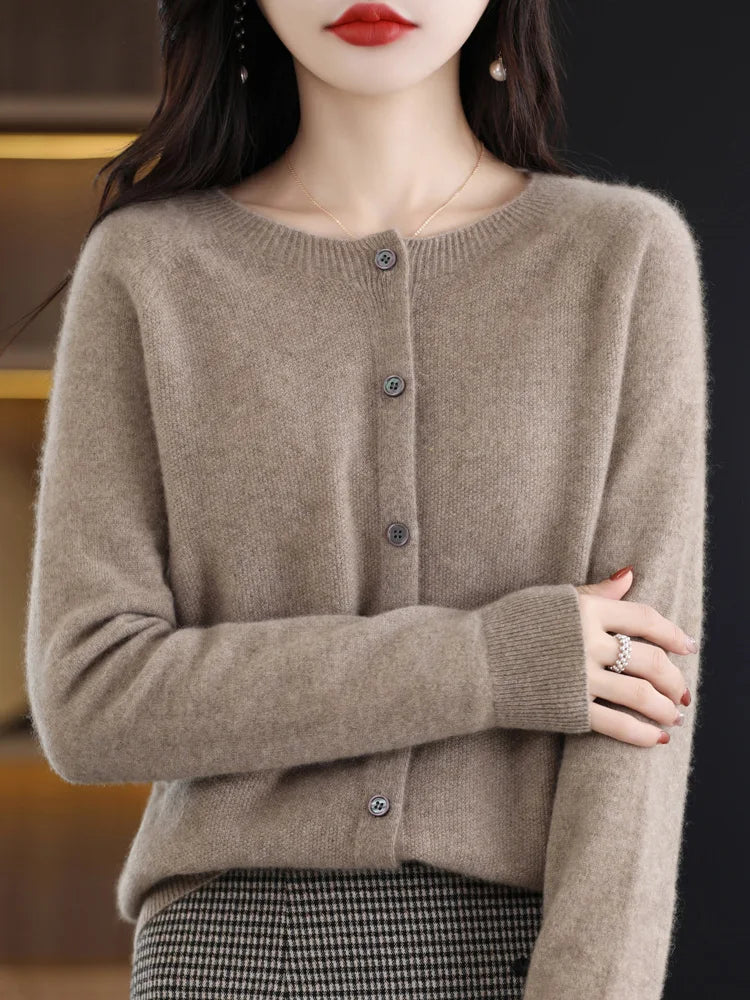 Suéter Feminino de Cashmere 100% Lã Merino Cardigã de Malha Outono Inverno Malharia Gola Redonda Feminina Cor Sólida Casual Top de Moda