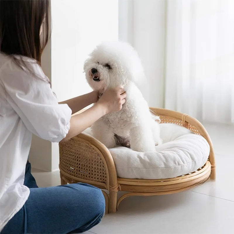 Cama de Rattan Natural para Pet Estilo Boho Moderno com Almofada, Ninho Redondo Pequeno para Pet em Rattan Teddy Fresco de Verão, Acessórios de Fotografia para Camas de Fotografia
