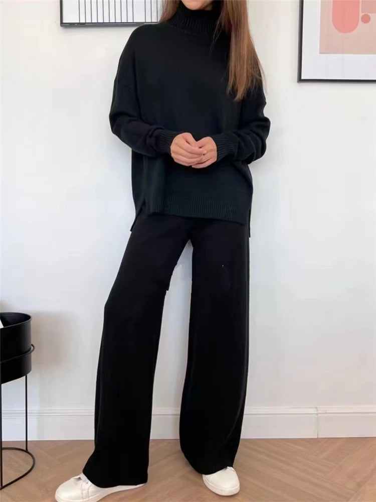 Conjunto Feminino de 2 Peças Outono Inverno, Agasalho de Malha, Suéter Gola Alta e Calça Jogger Reta