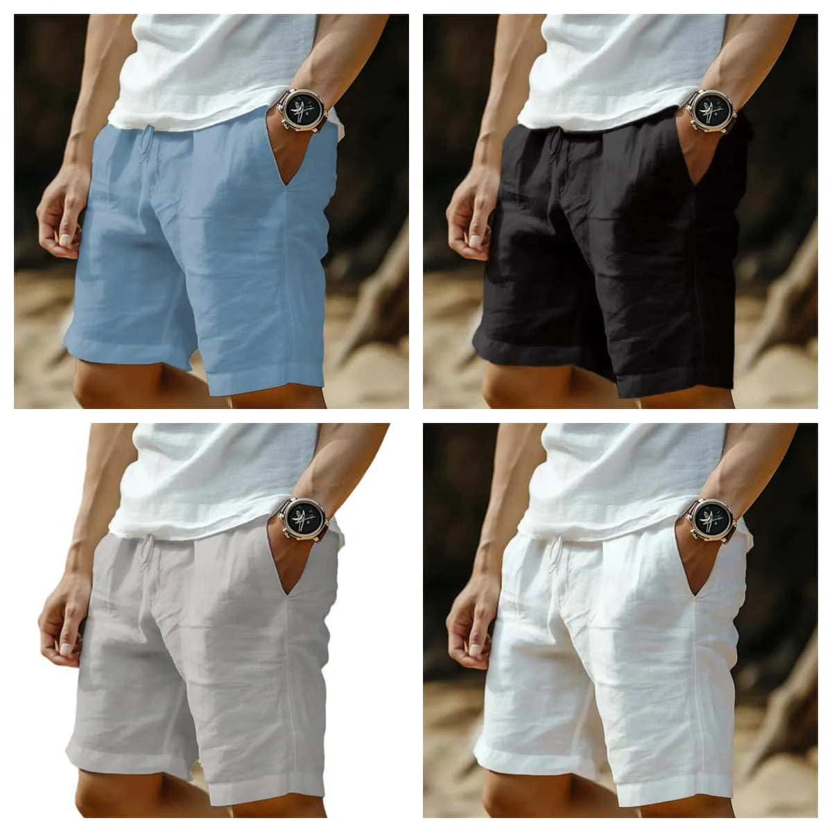 2025 Nova Coleção de Verão Masculina, Shorts Casuais de Algodão e Linho Respiráveis, Calças de Praia Estilo Havaiano, Cor Sólida, Soltas e Versáteis, Moda Streetwear Masculina