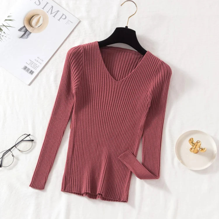 Outono Inverno Mulheres Suéteres Casuais Manga Longa Tricô Gola V Pulôver Suéter Feminino Básico Sólido Jersey Tops Roupas da Moda