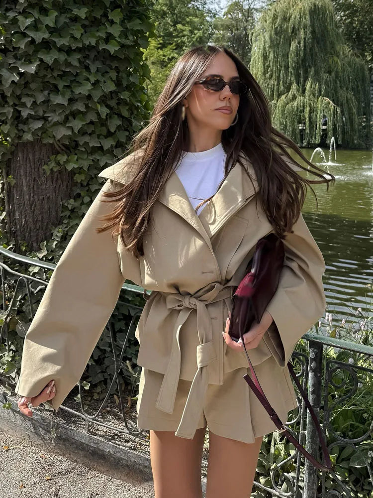 HH Moda Feminina Verão Fatos Sólidos Gola Virada Manga Longa Amarrar Jaquetas Trespasse Simples+Calções Cintura Alta Zíper