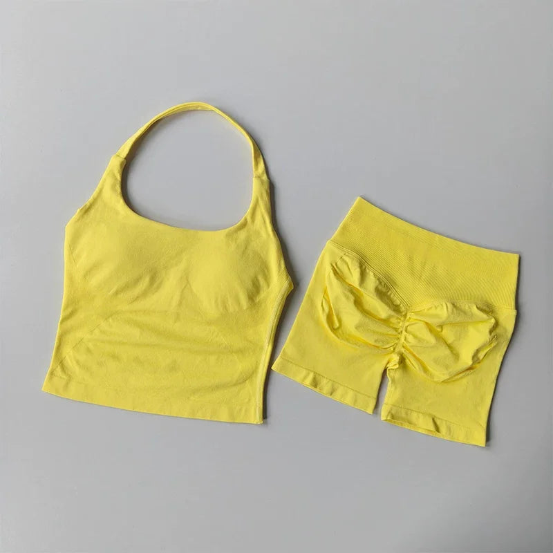 Conjunto de ginástica de 2 peças de ioga para mulheres, tops tipo halter sem costas, shorts sem costura de cintura alta, conjunto de ginástica, sutiãs esportivos de fitness, roupa esportiva, conjuntos de treino
