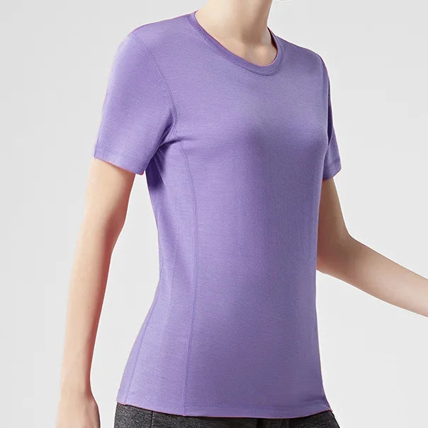 Camiseta Feminina de Lã Merino Manga Curta Gola Redonda Camada Base Próxima à Pele Roupas Esportivas Secagem Rápida - 16.6micro200GSM G (Tórax 96cm)