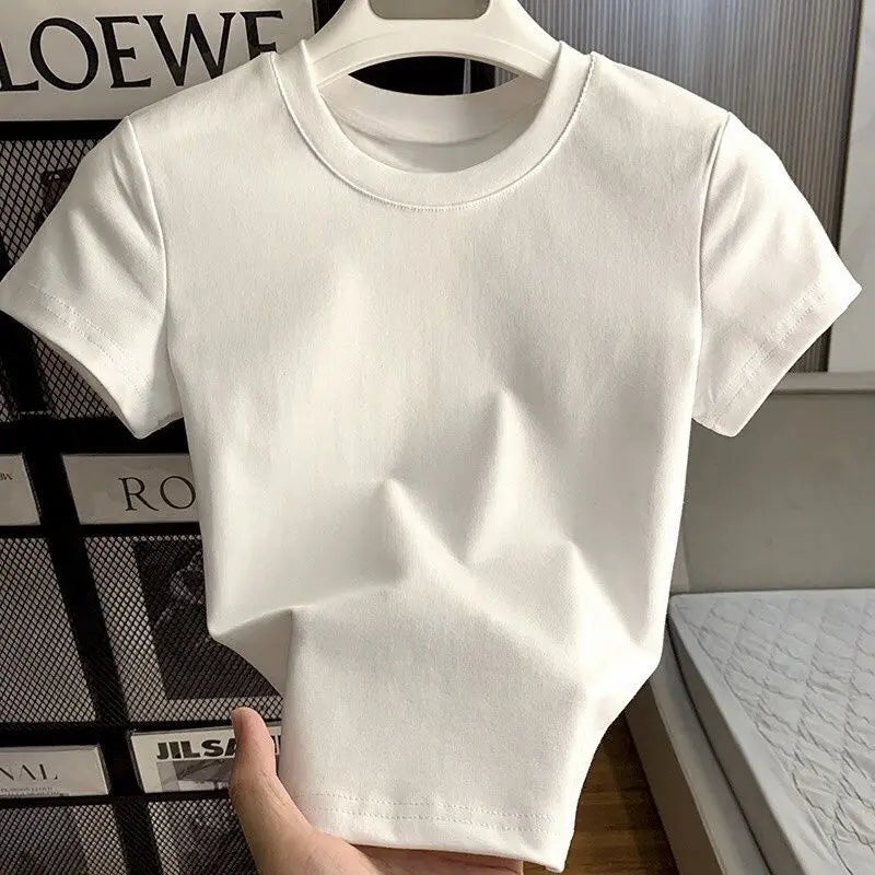 Camiseta Feminina Lisa Manga Curta Primavera Verão Casual Macia Ajustada Básica Top Tees All Match Camisetas Da Moda Para Mulheres - BRANCO P