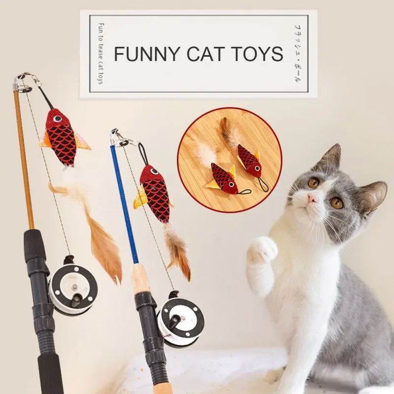 Cat Rods Retractable Cat Toy Fish Type Telescopic Feathers Funny Cat Stick Toys Pet Toy for Kitten Simulation Fishing Rod