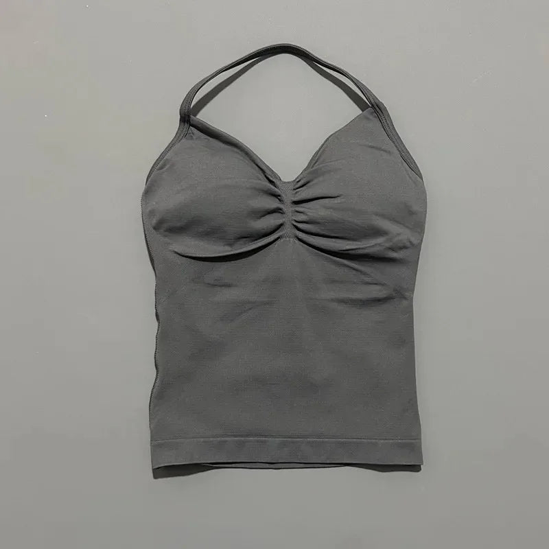 Conjuntos de Academia Femininos 2 Peças Impacto Sem Costura Fitness Yoga Roupa Esportiva Halter Top Shorts Roupa de Treino Corrida Roupa de Academia