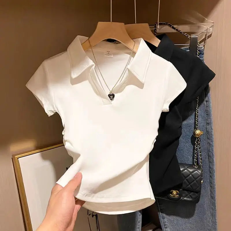 Cotton Summer Sexy Womens T Shirt Skinny Slim Basic Solid Crop Top Short Sleeve Polo Tshirtcasual Top Tee For Women - White L