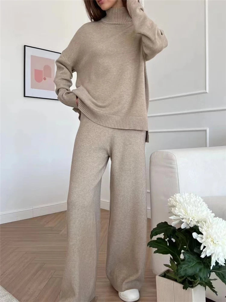 Conjuntos Femininos de Inverno Outono 2 Peças Agasalho de Malha Gola Rolê e Calça Jogger Reta
