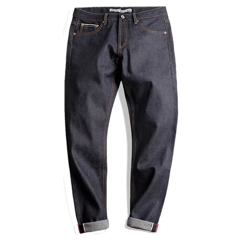 Maden Retro 14.5oz Selvedge Raw Denim Masculino para Calças Jeans com Zíper YKK Bordado Reto Jeans Clássico de Cor Sólida