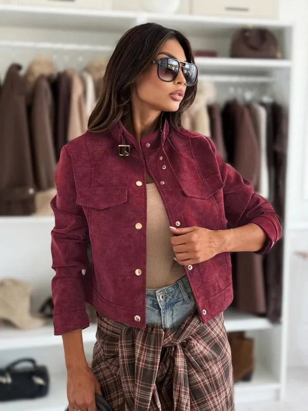 Blusão Feminino Outono Inverno Manga Longa Gola Alta Camurça Solto Casual Curto Jaqueta Top Moderno Tamanho Pequeno Moda 1 - P Marrom