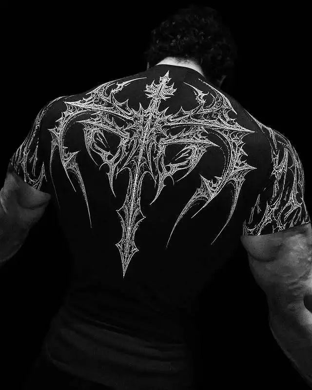 Men's Gothic Print Muscle Tee High Elasticity Quick-Dry Bodybuilding Training T-Shirt