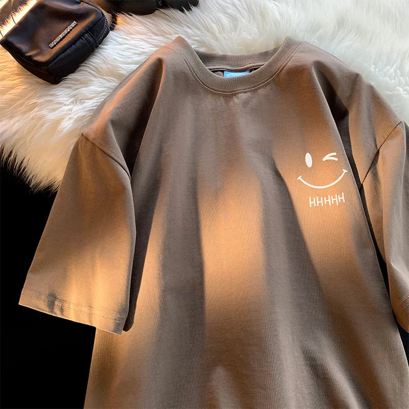 Men Womens Smiling Face Funny Fashion Couple Short Sleeved T Shirt American Basic Simple Oversized Loose Boys Pullover Top - Apricot L