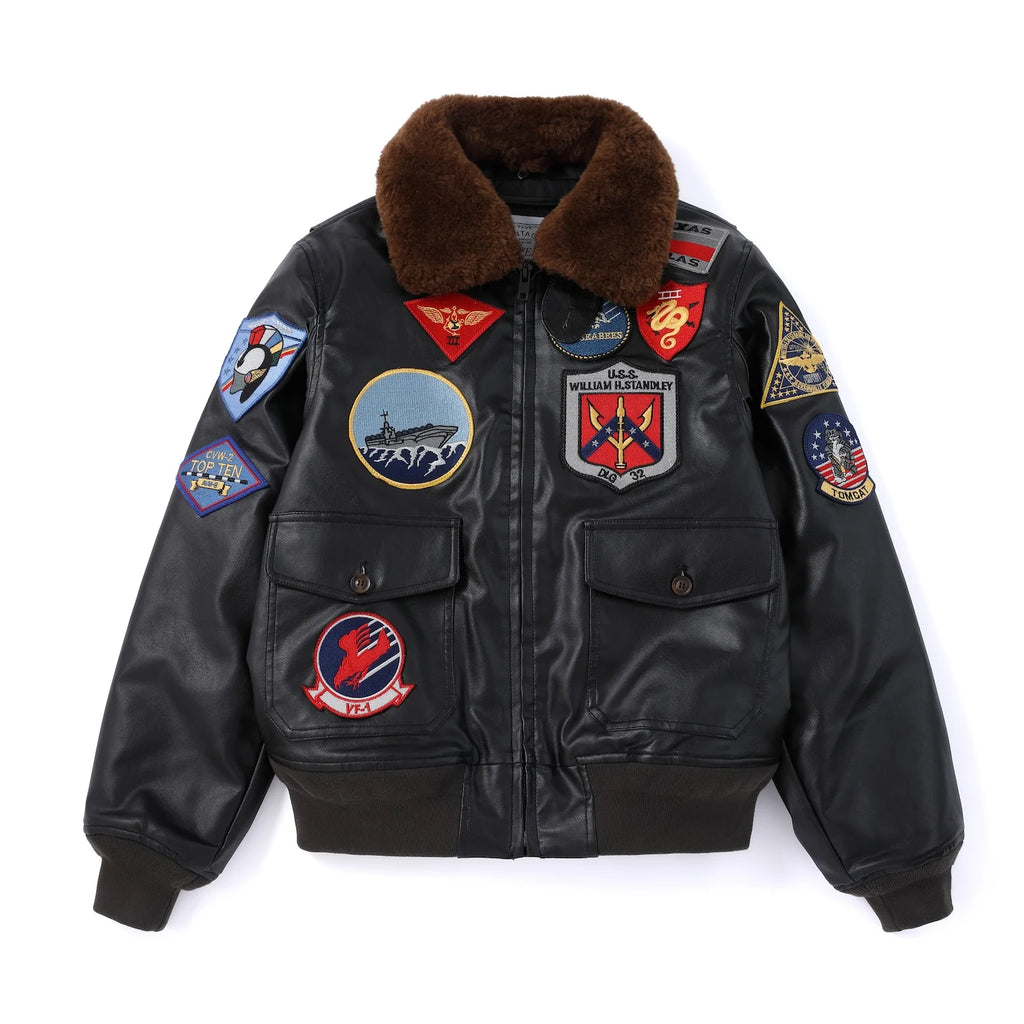 Jaqueta Masculina Top Gun G1 Tom Cruise Maverick Couro PU com Pelo Militar Bomber Aviador Piloto de Voo com Patch Bordado