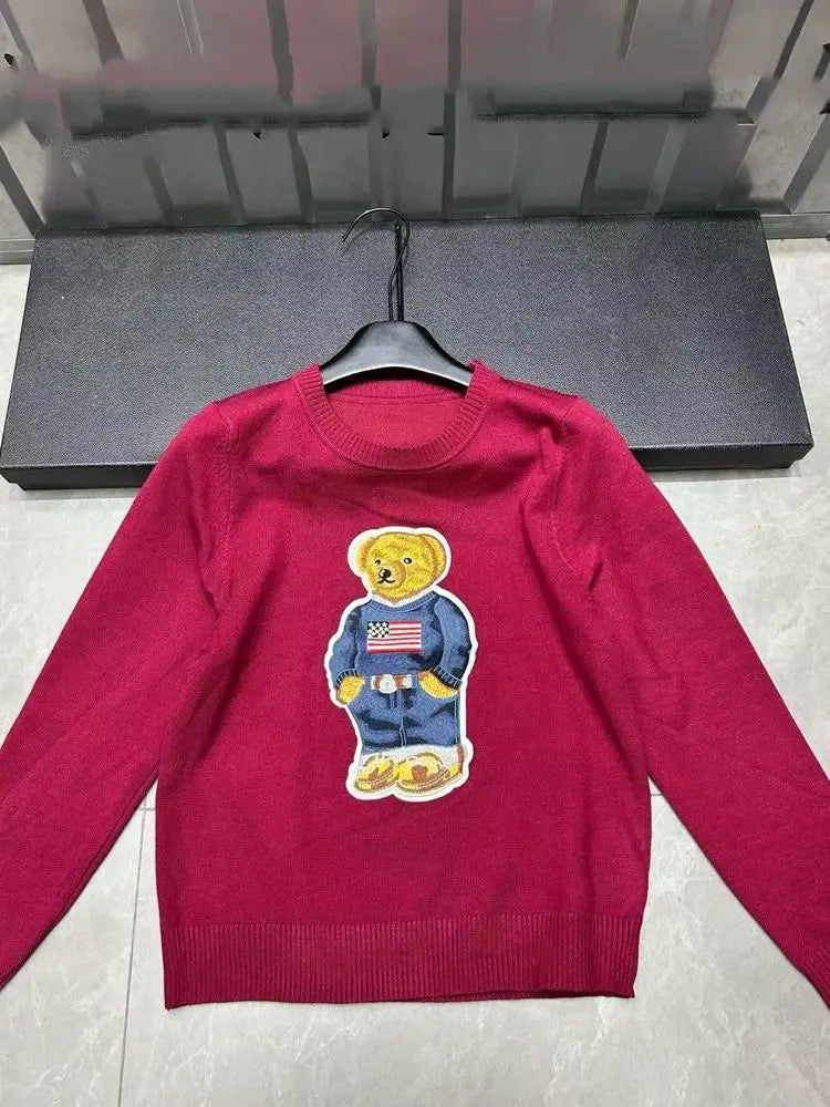 Suéter Feminino de Tricô com Urso Bordado Estilo Francês de Luxo para Mulheres Blusas Casuais de Malha Suéter Pull Femme