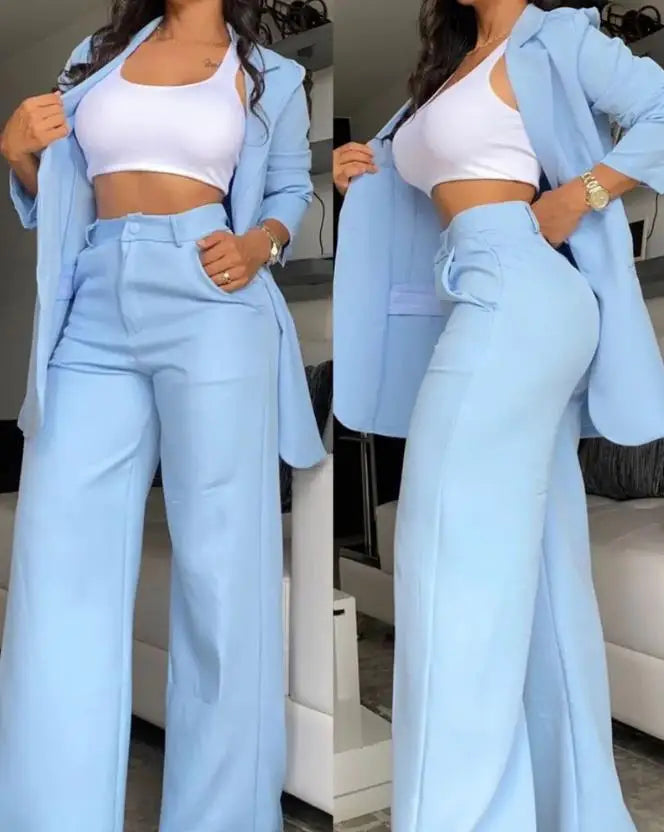 Conjunto de Duas Peças Feminino Outono 2024 Nova Moda Casual Sólido Diário Deslocamento Gola Entalhada Blazer Casaco Calças com Bolso Conjunto 1 - A S