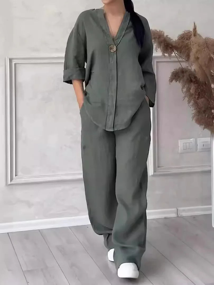 Conjunto de Linho e Algodão 2 Peças Blusa de Manga Comprida Solta com Botão e Calça Pantalona Larga de Cintura Alta Elástica NMD-3021