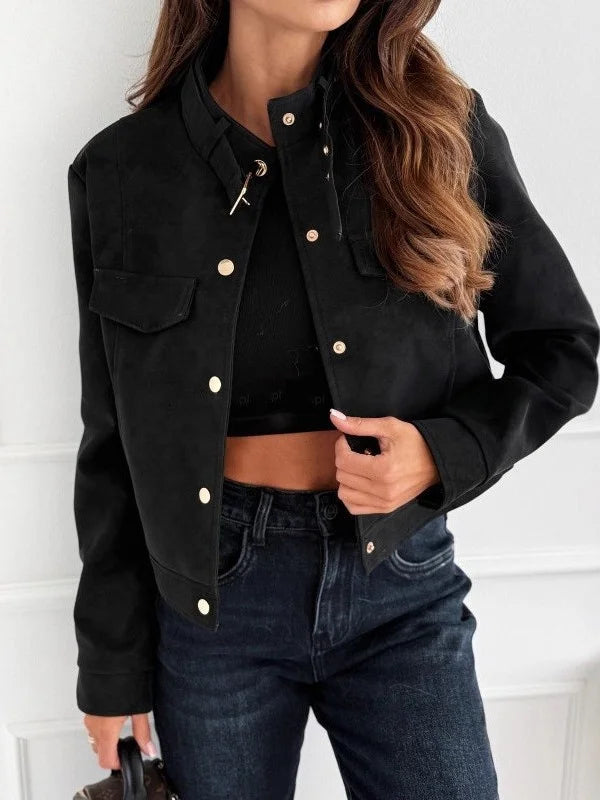 Blusão Feminino Outono Inverno Manga Longa Gola Alta Camurça Solto Casual Curto Jaqueta Top Moderno Tamanho Pequeno Moda 1 - P Marrom