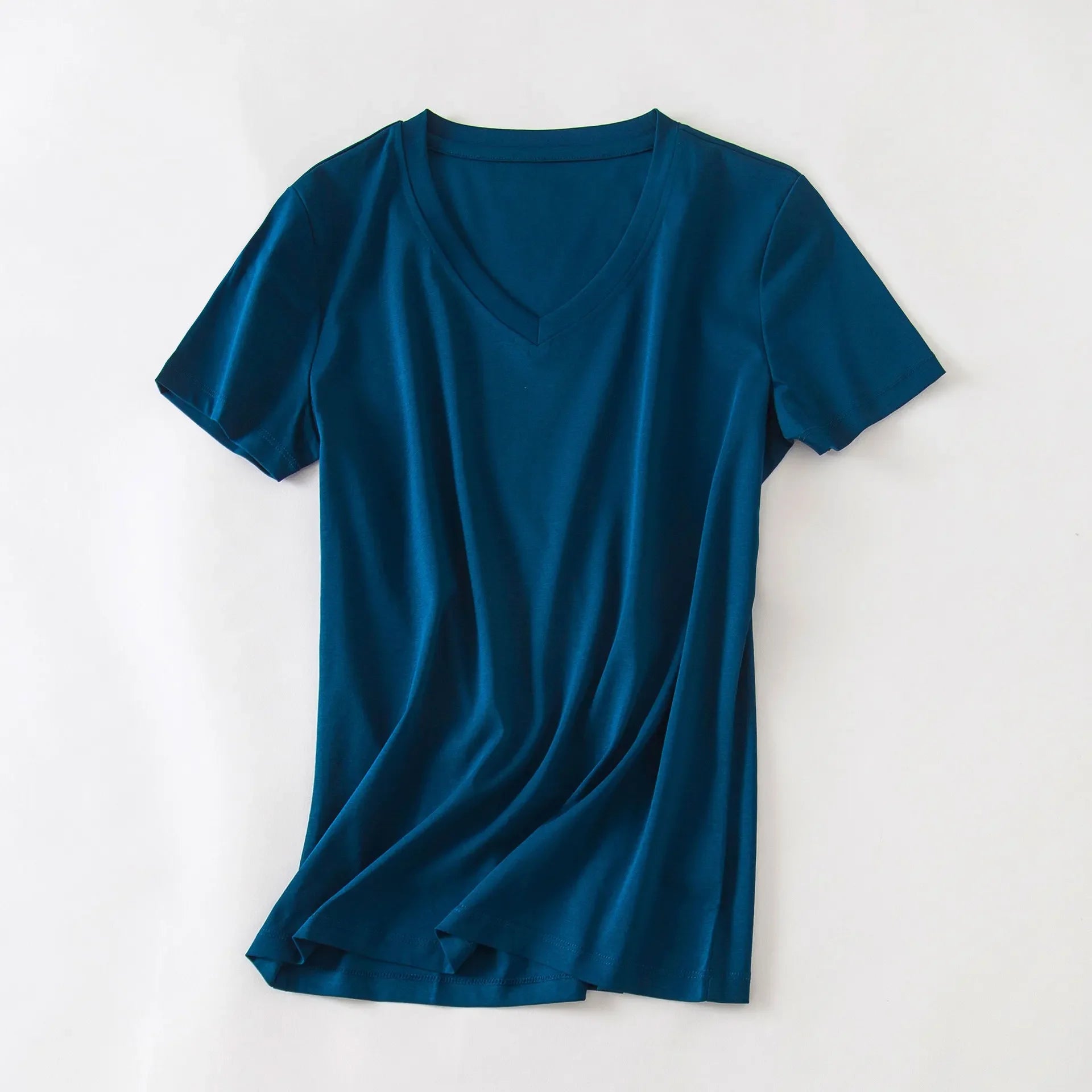 Camiseta Feminina Verão 2026 Gola V Manga Curta Algodão Casual Sólida Top Tees Solta Camisetas Básicas Camisas Femininas Tops Camisetas Femininas - verde escuro gola redonda P