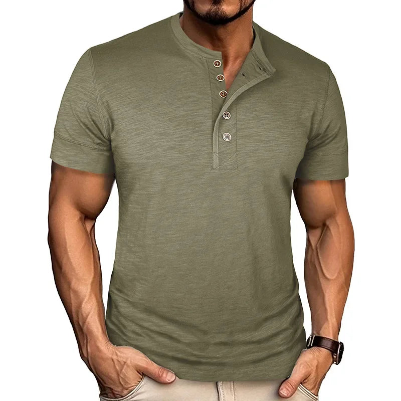 Camisetas masculinas de verão europeias e americanas, camisa Henley de algodão masculina de manga curta, camiseta masculina casual de gola redonda