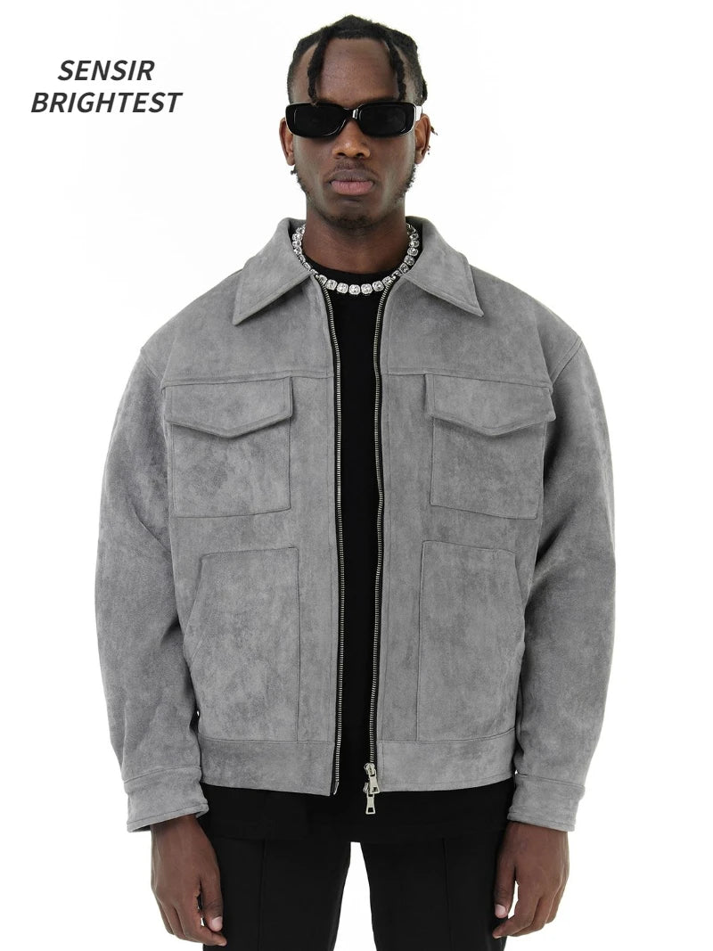 Jaquetas de Outono Roupa Casual Oversized Bolsos de Rua Gola Lapela Zíper Camurça Casaco Grosso Quebra-Vento Masculino Solto