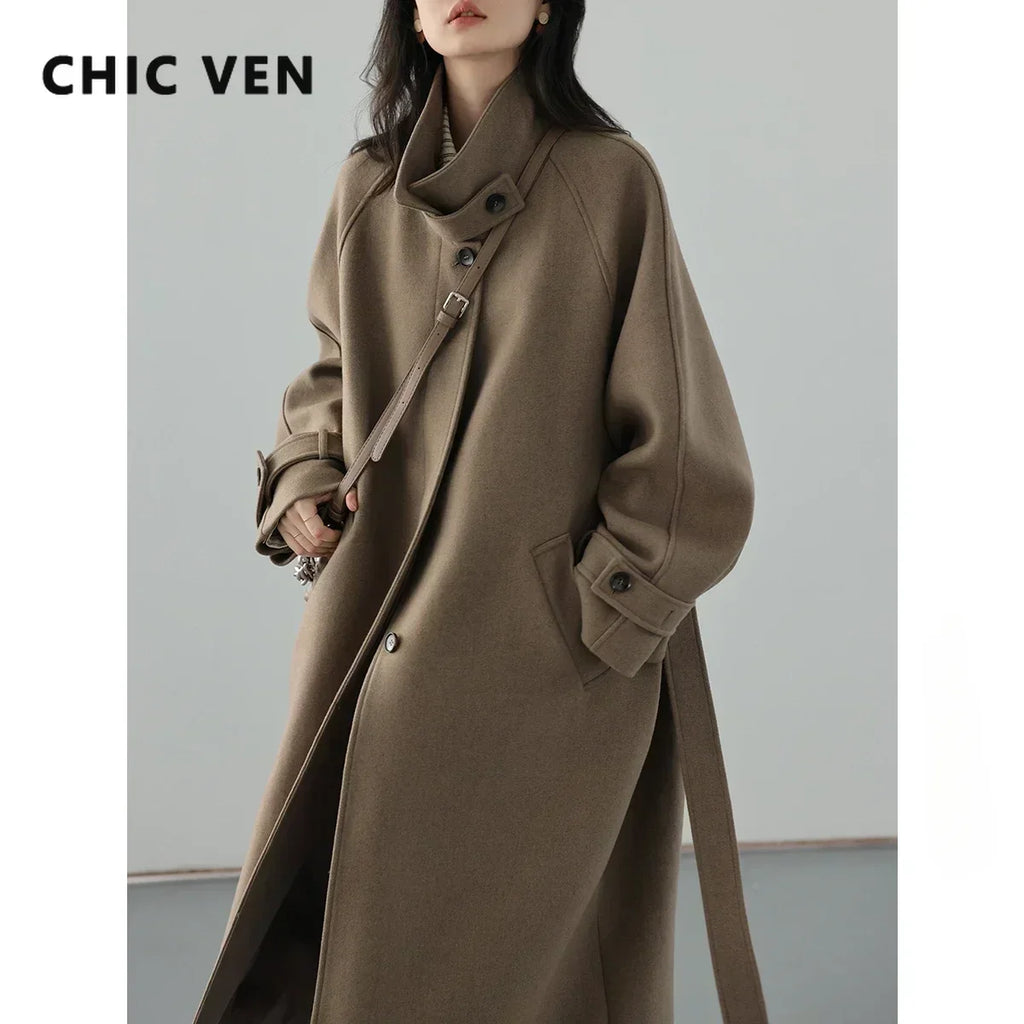CHIC VEN Casaco Trench Longo Feminino Gola Alta Cinto Amarração Lã Manga Raglan Sobretudo Longo Escritório Senhora Outono Inverno 2024