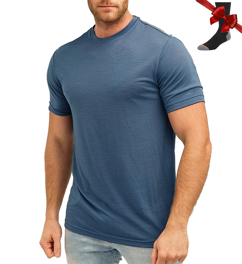 Camiseta Masculina 100% Lã Merino Super Fina Camada Base de Lã Merino que Absorve a Umidade Respirável de Secagem Rápida Antiodor + Meias de Lã Merino