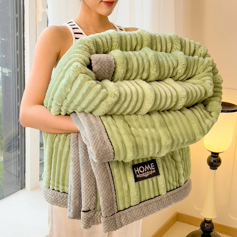 Imitation Rabbit Plush Striped Spring Autumn Warm Blankets Soft Fluffy Warmth Sofa Blankets for Throw Napping Shawl Blanket Leg