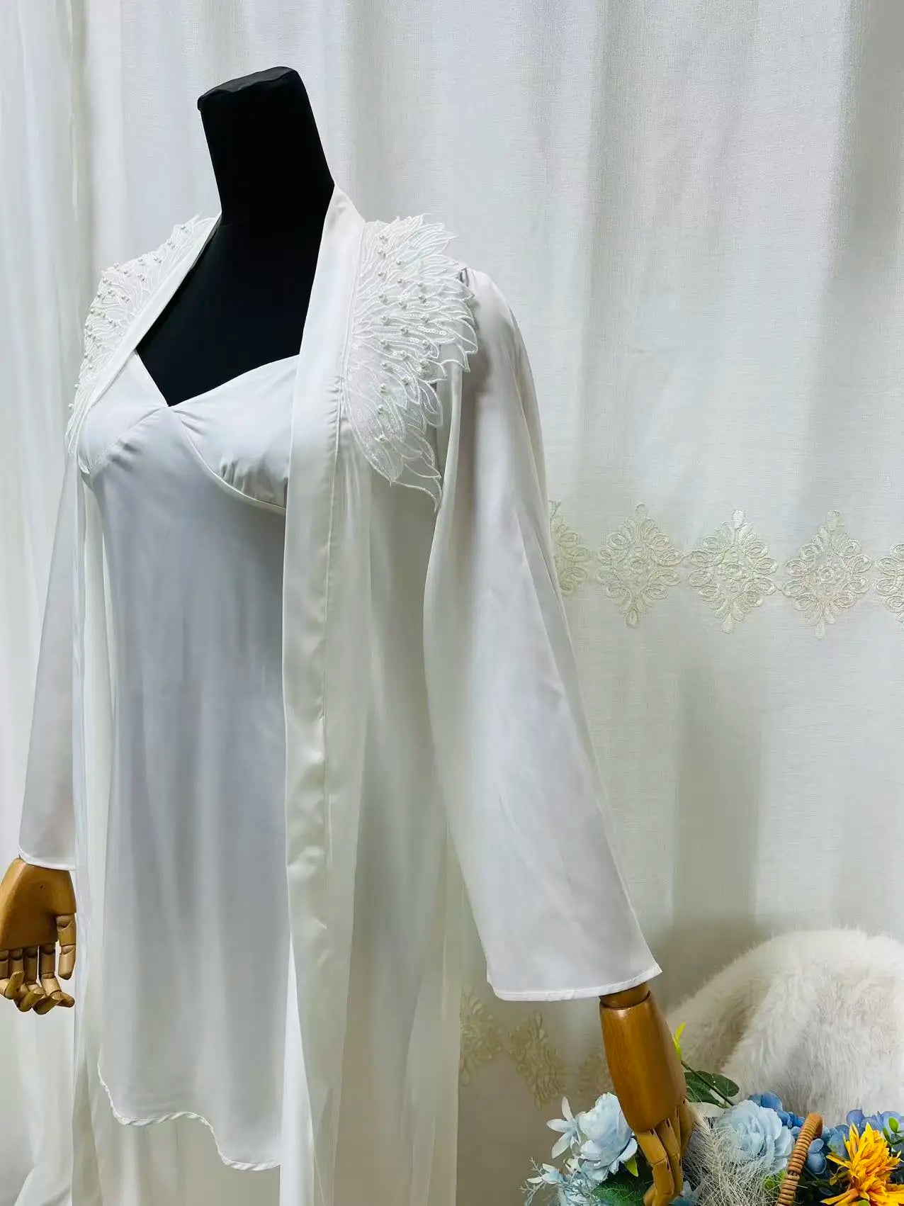 Women's Angel Wing Loungewear Set Casual Robe & Strappy Chemise Organza Embroidery Feather Collar Home Robe and Boudoir Bathrobe