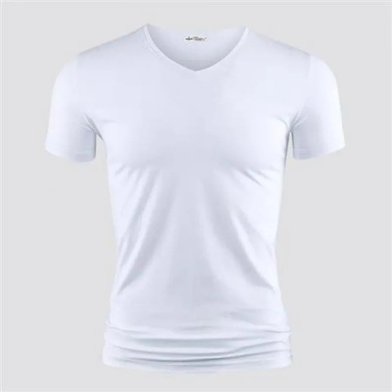 Camiseta Masculina 2026 Cor Sólida Gola V Manga Curta Blusas Camisetas Masculinas Camiseta Preta Justa Camisetas Masculinas Fitness para Roupas Masculinas