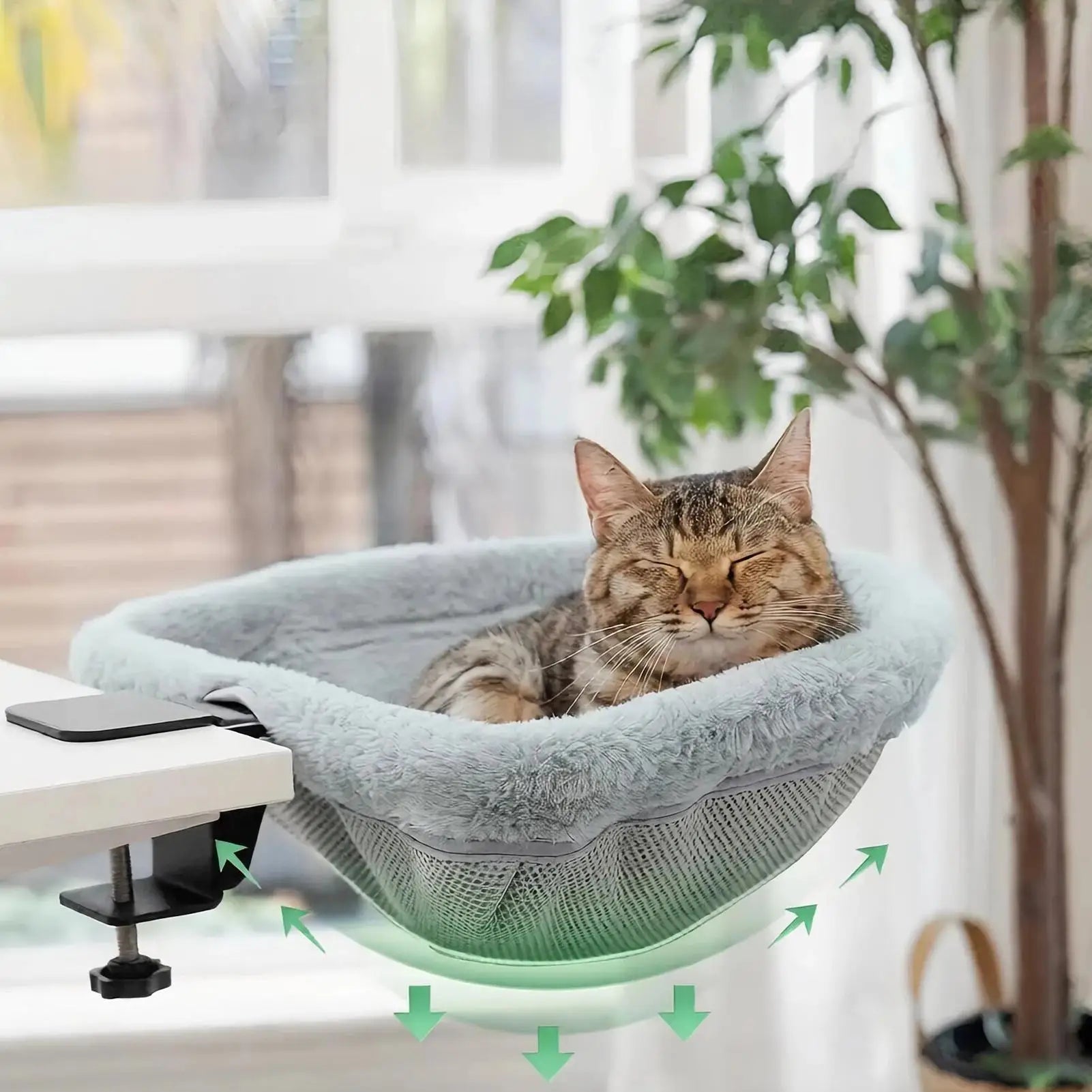 Cat Desk Bed Space Saving Foldable Perch Soft Plush Kitten Hammock Breathable Mesh Indoor Home Office Furniture