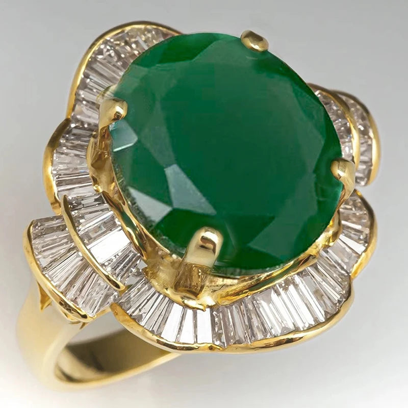 Huitan Luxury Elegant Rings with Big Oval Green CZ Opulent Trendy Finger Ring for Women Gorgeous Modern Engagement Party Jewelry