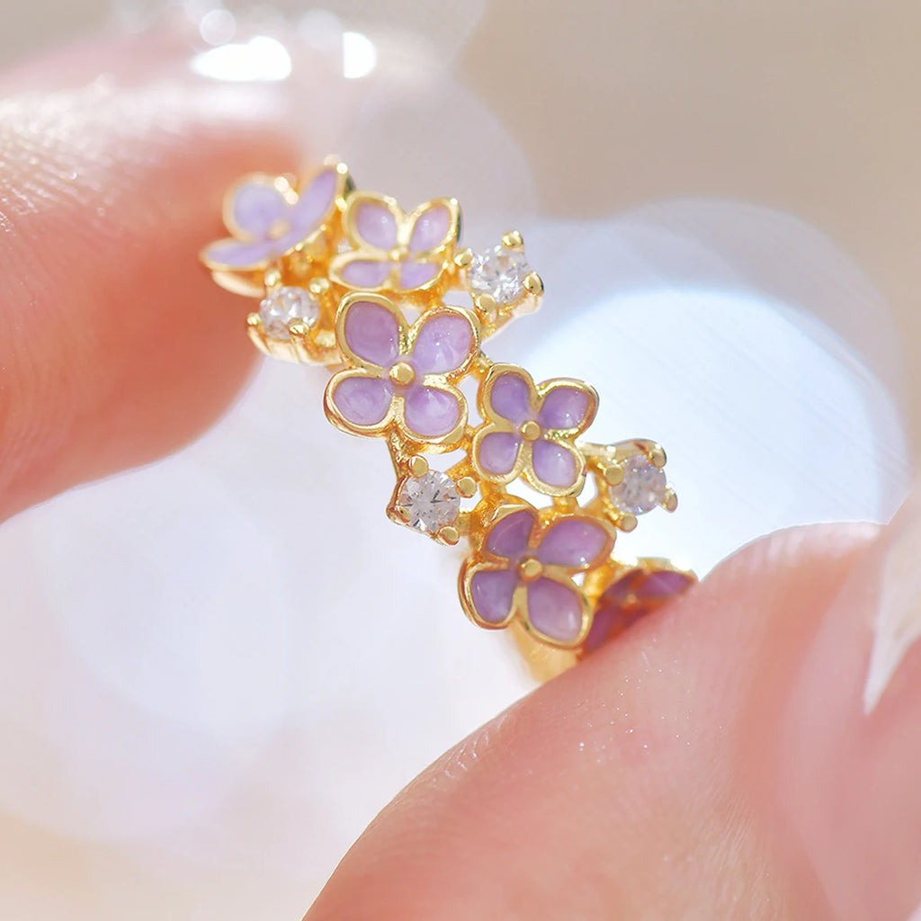 JUWANG 3A Zircon Ring For Women High-End Purple Super Fairy Temperament Flower Dripping Oil Exquisite Zircon Butterfly Open Ring