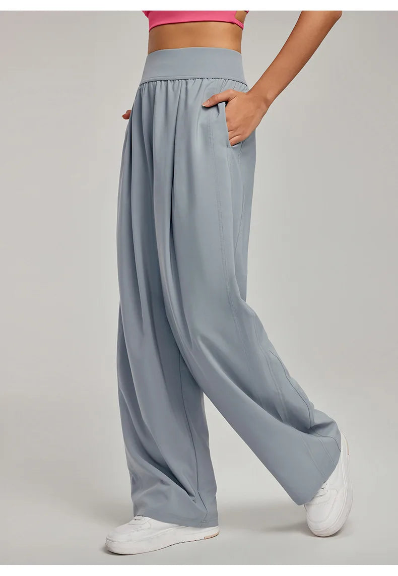 Calças Femininas Perna Larga Cintura Alta Solta Calças de Verão Casuais para Yoga Caimento Respirável Calça de Ginástica e Lazer Roupa Feminina