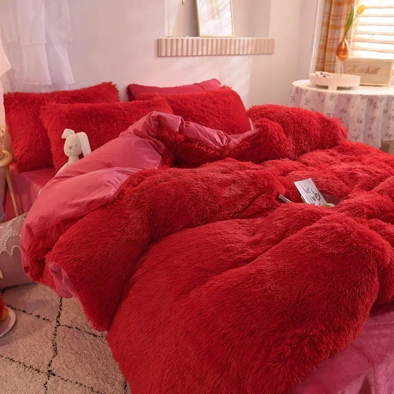 Luxury Autumn Winter Warm Pink Bedding Set Plush Kawaii Mink Velvet Queen Duvet Cover Set with Sheets Single Double Bedding Sets