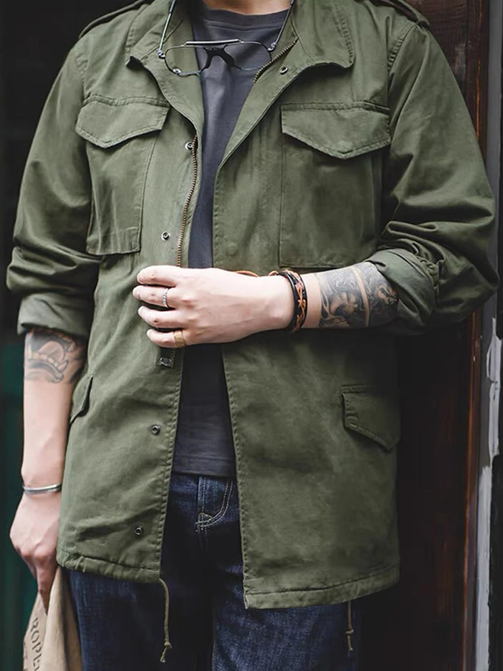 Jaqueta M65 Field, Jaqueta Militar Masculina, Jaqueta Retrô Multi Bolsos com Zíper e Gola, 100% Algodão