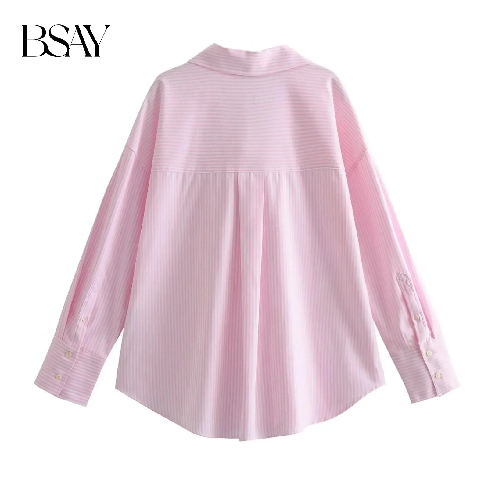 Bsay Moda Feminina Manga Comprida Botão Único Lapela Algodão Oxford Blusa Roupa de Rua Camisa Chique Senhoras Cropped Tops Mujer 1 - Listrado rosa M