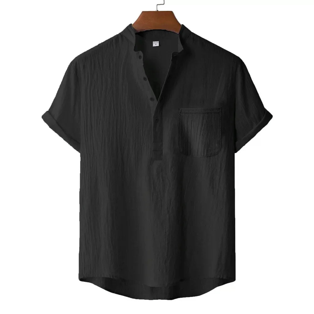 Camiseta Masculina de Verão em Algodão e Linho Estilo Praia Manga Curta Gola Henley Férias Havaí Casual Leve Respirável Confortável
