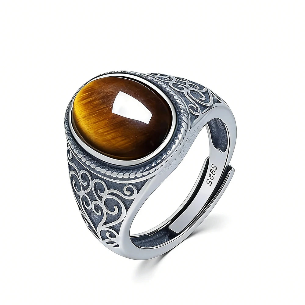 Vintage 925 Sterling Silver Ring Natural Tiger's Eye Stone 10*14MM Retro Style Large Stone Finger Rings Fine Jewelry for Men